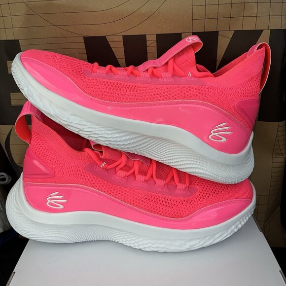 NEW Under Armour Curry 8 ‘Team Pink’ White Basketball Shoes 3024785-606 Size 10 - Picture 1 of 5